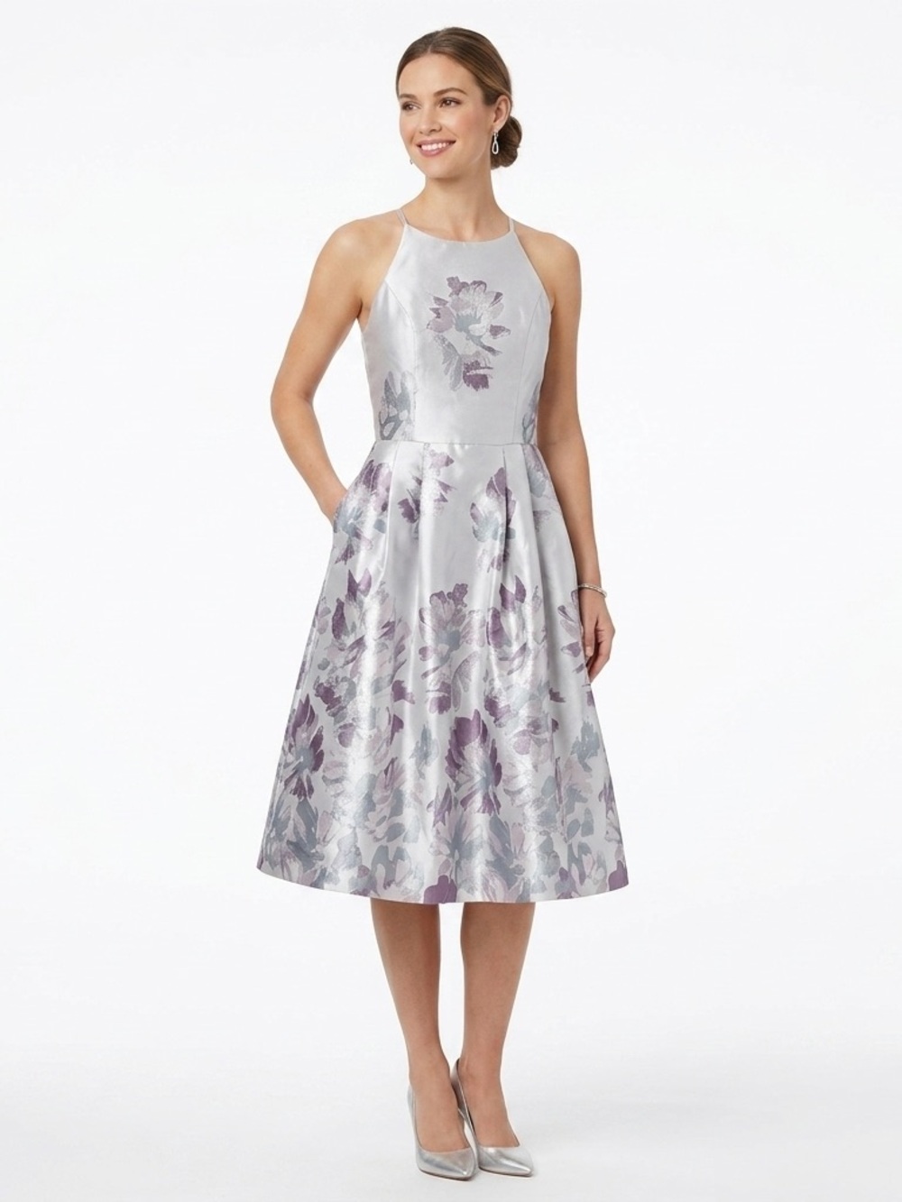Eliza J Size 14 Metallic Silver Floral Jacquard Halter Midi Dress